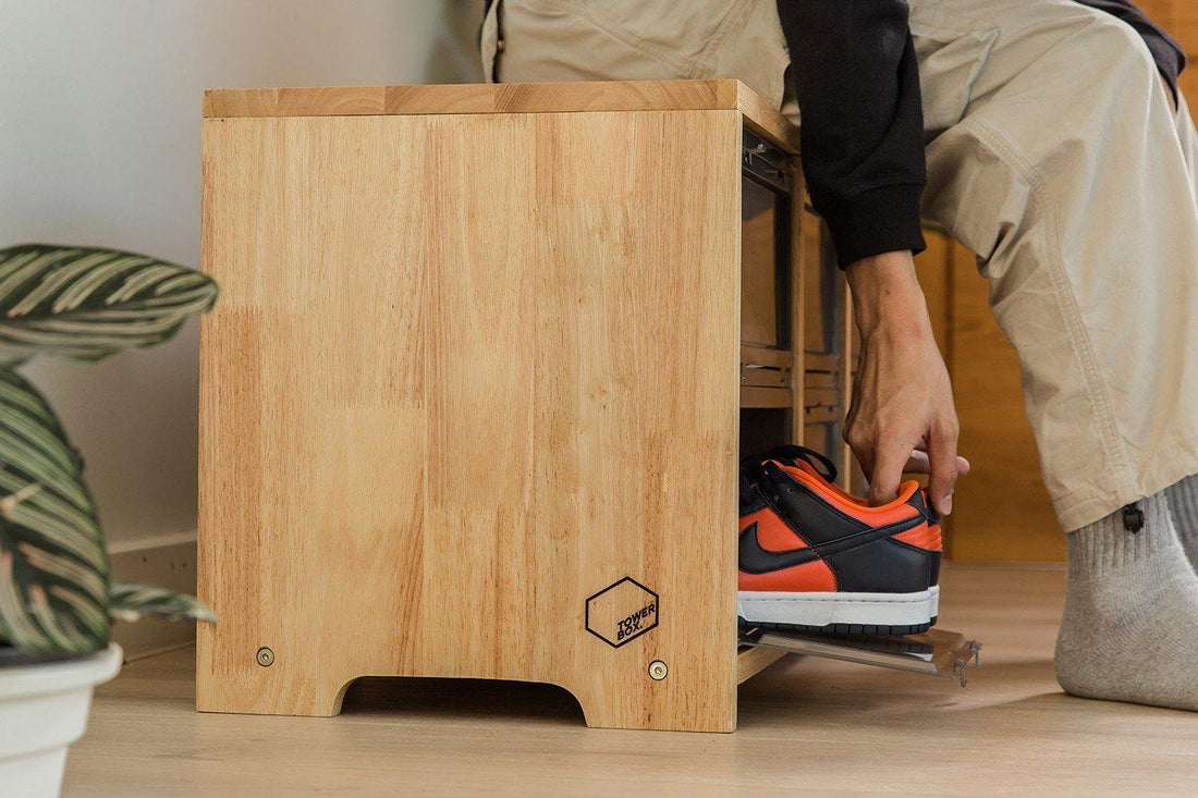 Tower Box lança linha de móveis com banco de madeira para tênis - THE GAME
